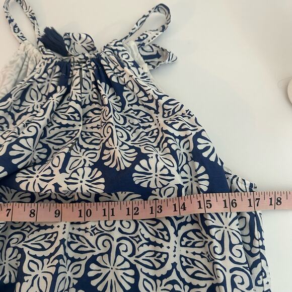 Vineyard Vines Women's Blue Mirrored Leaves Trapeze Tassel Halter Dress Size 4 - Picture 6 of 10
